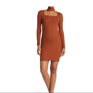 DUAL NATURE Rust Mock Neck Square Cutout Ribbed Knit Dress S